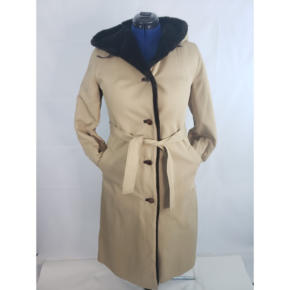 Halston for Misty Harbor Tan faux fur Hoodie‎ trench coat winter jacket size 10